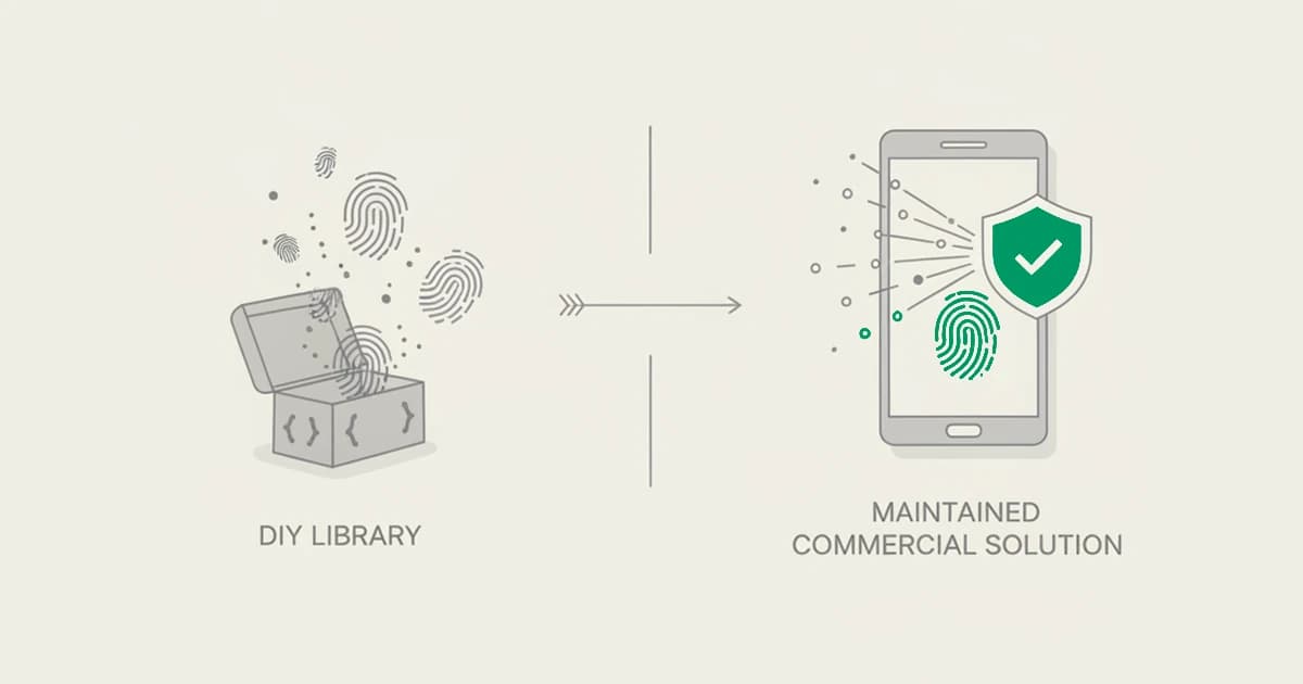 Device fingerprinting solutions compared: on the left an open-source library you self-host that returns only an identifier, on the right a commercial solution that maintains the identifier and adds anonymity and risk signals on top