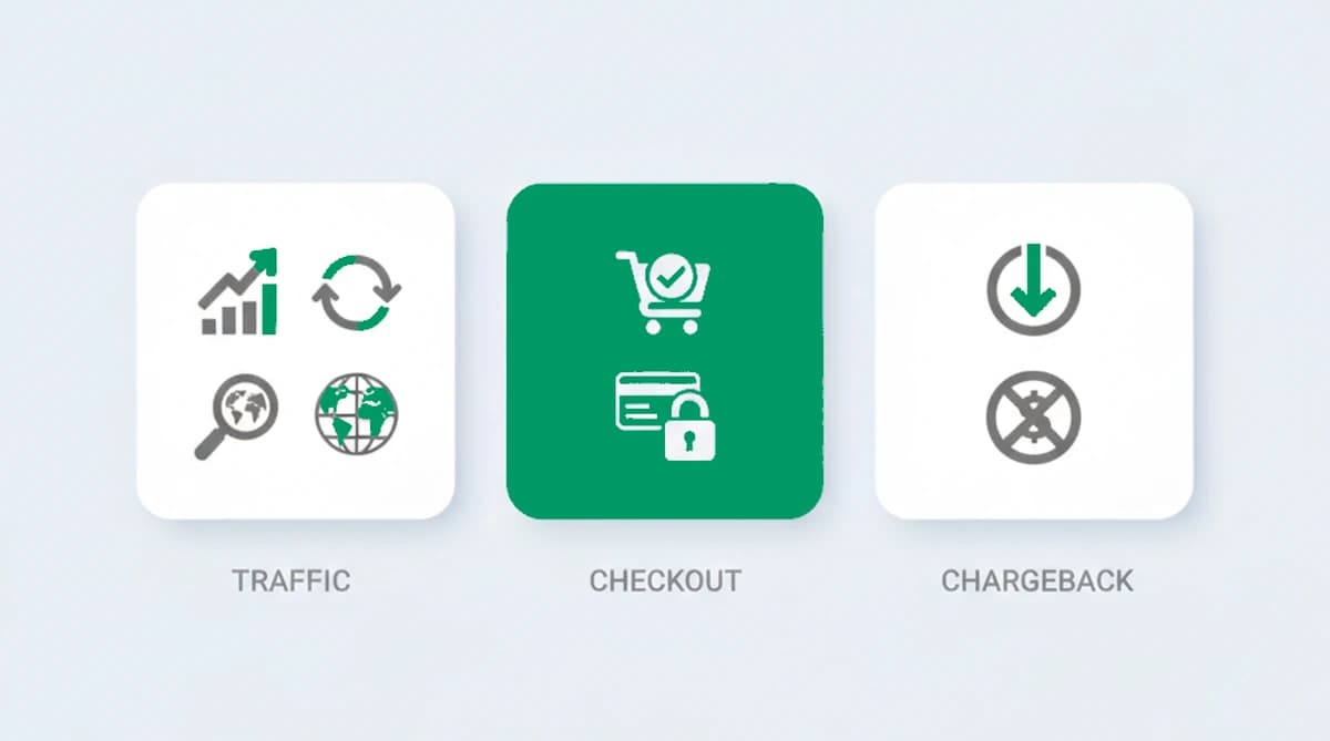 Ecommerce fraud tools cluster into traffic intelligence, checkout decisioning, and chargeback guarantee