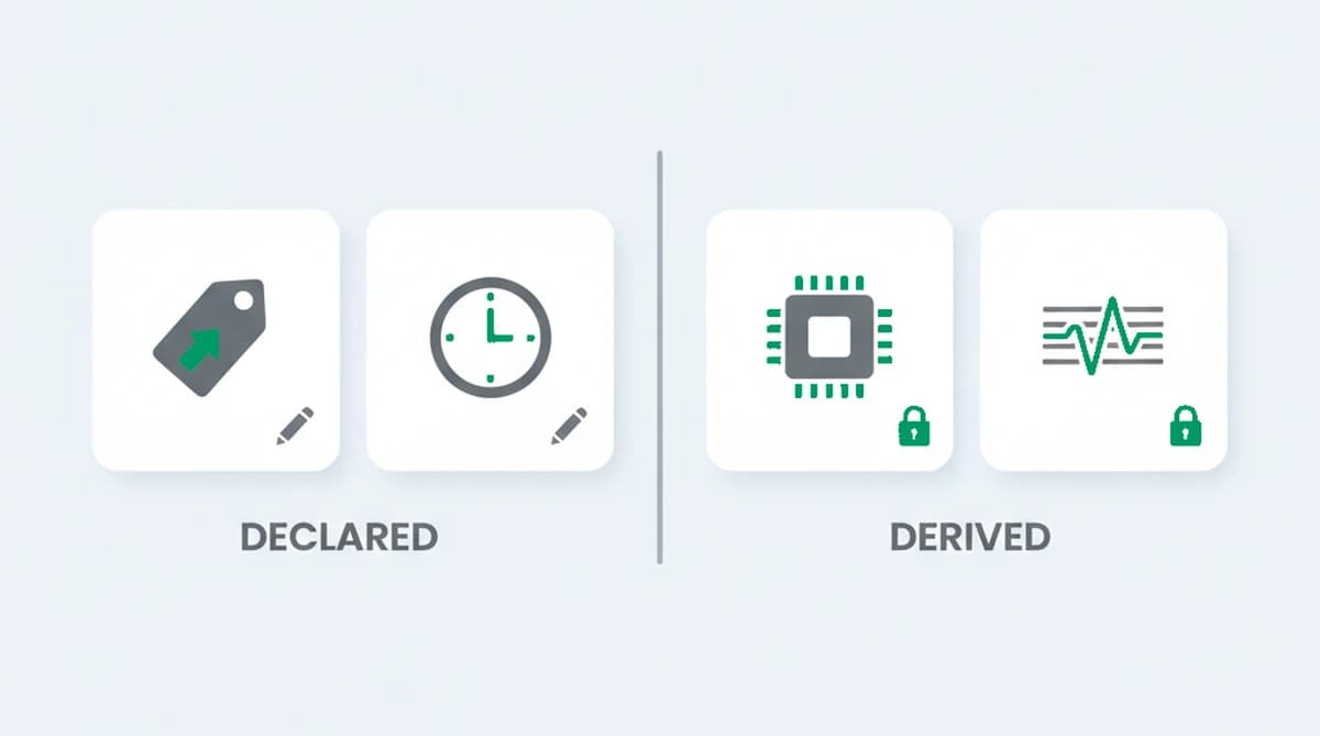 A diagram contrasting declared attributes like the user agent, which are easy to change, with derived attributes like canvas, GPU, and audio, which reflect the real hardware and are stable