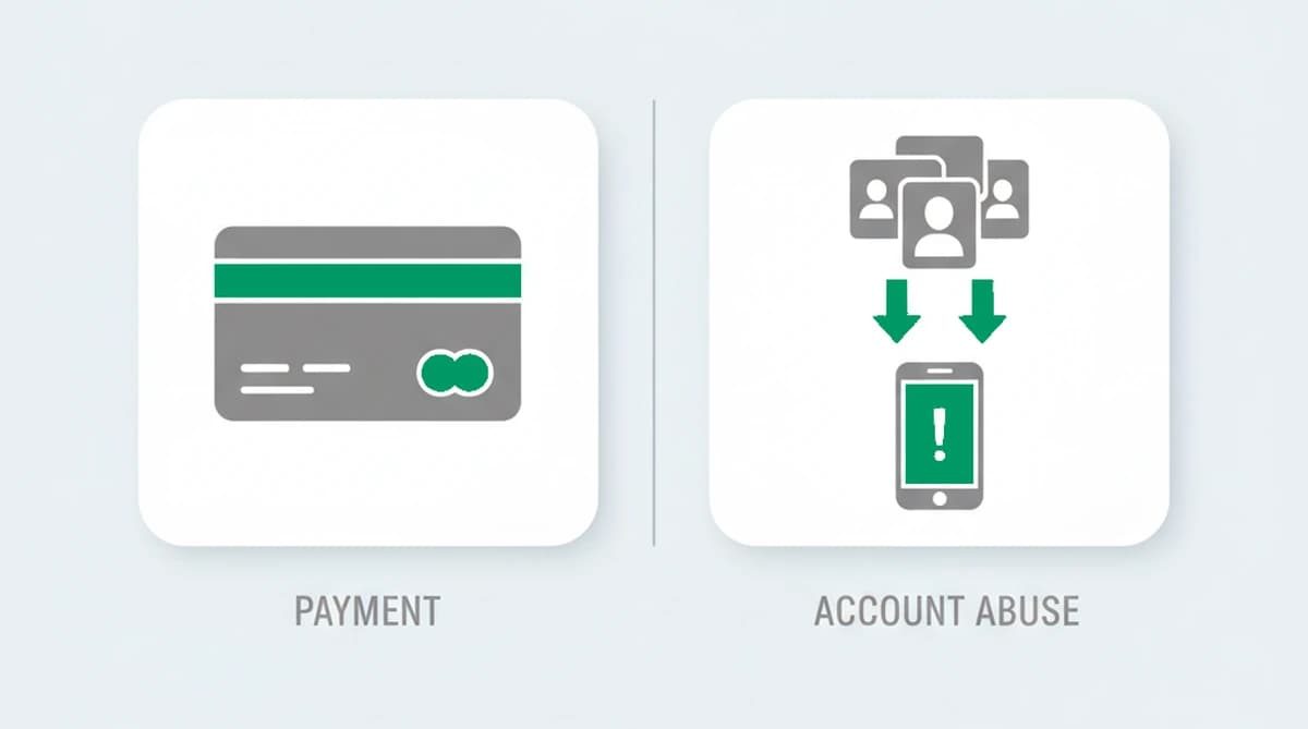 A two-layer diagram: payment fraud on a credit-card layer, and account and offer abuse where many accounts trace back to one device, each handled by a separate layer