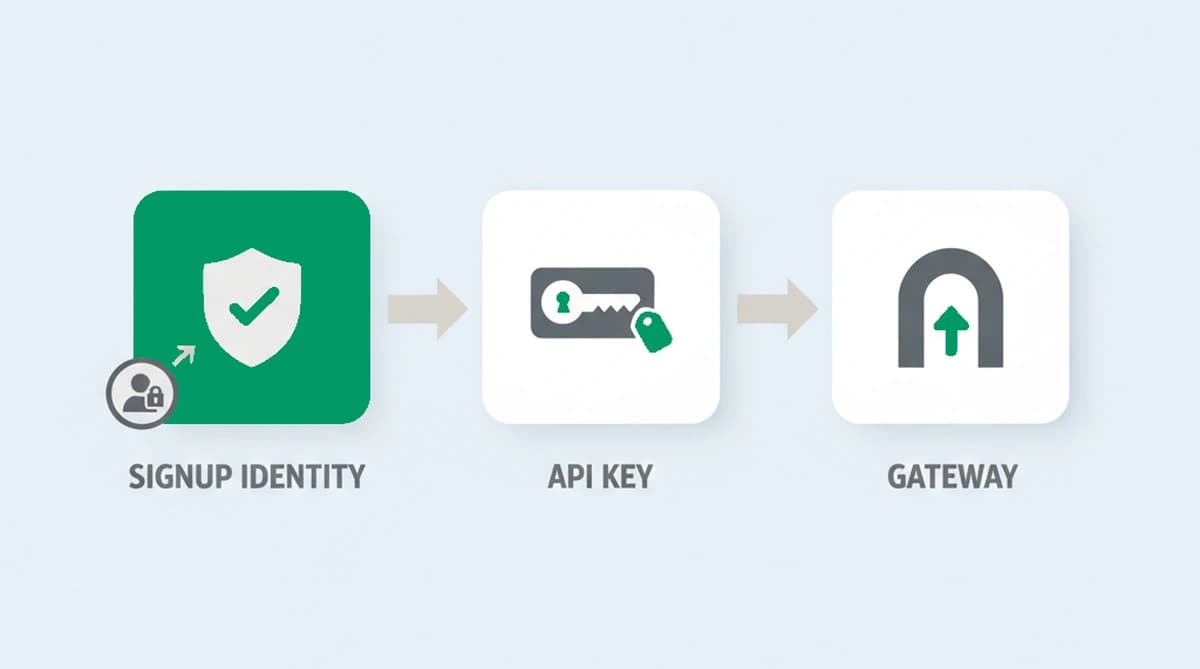 Three layers a request passes through: signup-identity scoring before a key is issued, the API key with rate limits and spend caps, and the gateway that enforces the ceilings