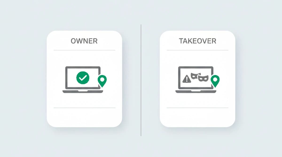 A returning owner signs in from a known device on a normal connection; a takeover arrives on a new device over an anonymized connection from an impossible location