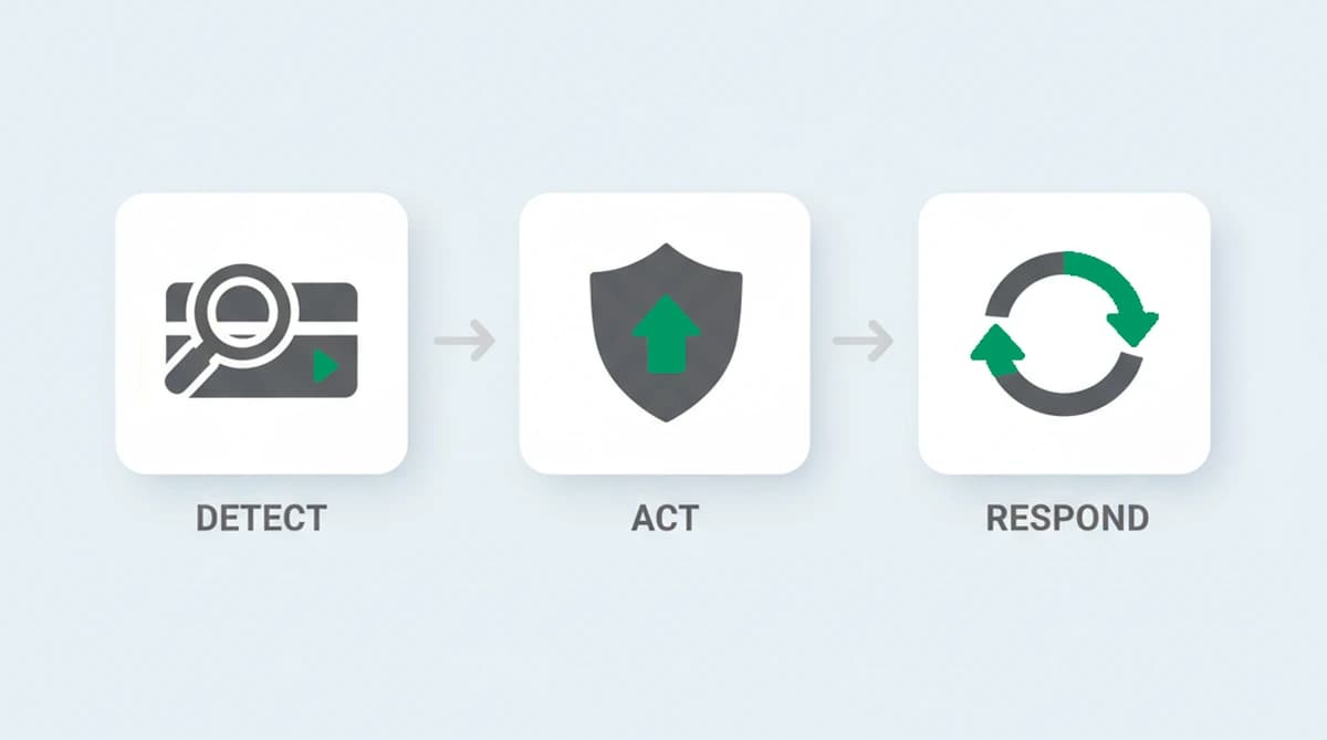 Three layers: a device-and-network signal detects a risky login, the authentication stack acts with step-up or hold, and a response plan handles a confirmed takeover