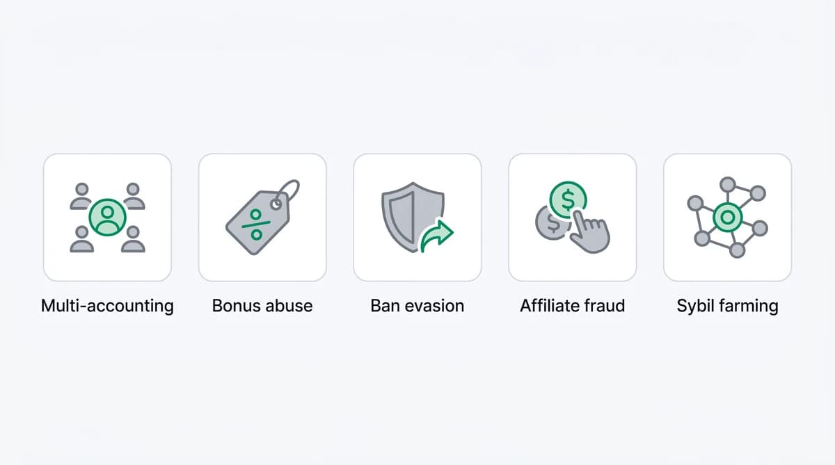 Five common anti-detect browser abuse cases: multi-accounting, bonus abuse, ban evasion, affiliate fraud, and sybil farming