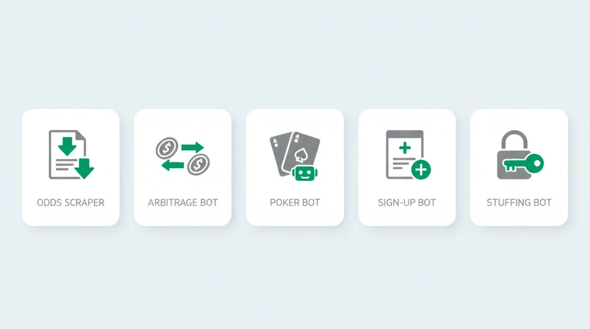 Five kinds of betting bots operators face: odds scraper, arbitrage bot, poker bot, account-creation bot, and credential-stuffing bot
