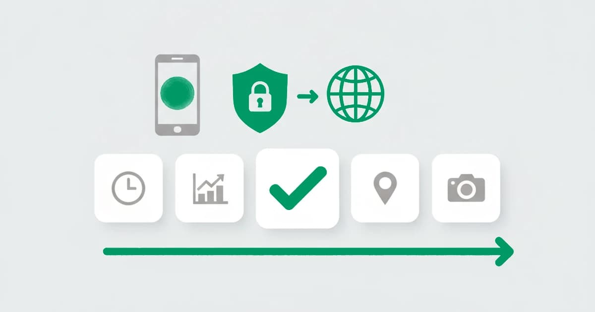 A user device routes through a VPN exit server to a website while IP, timezone, DNS, and WebRTC reads converge on a consistency check