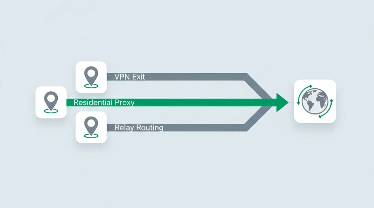 VPN exit, residential proxy, and relay each route to a website while looking local