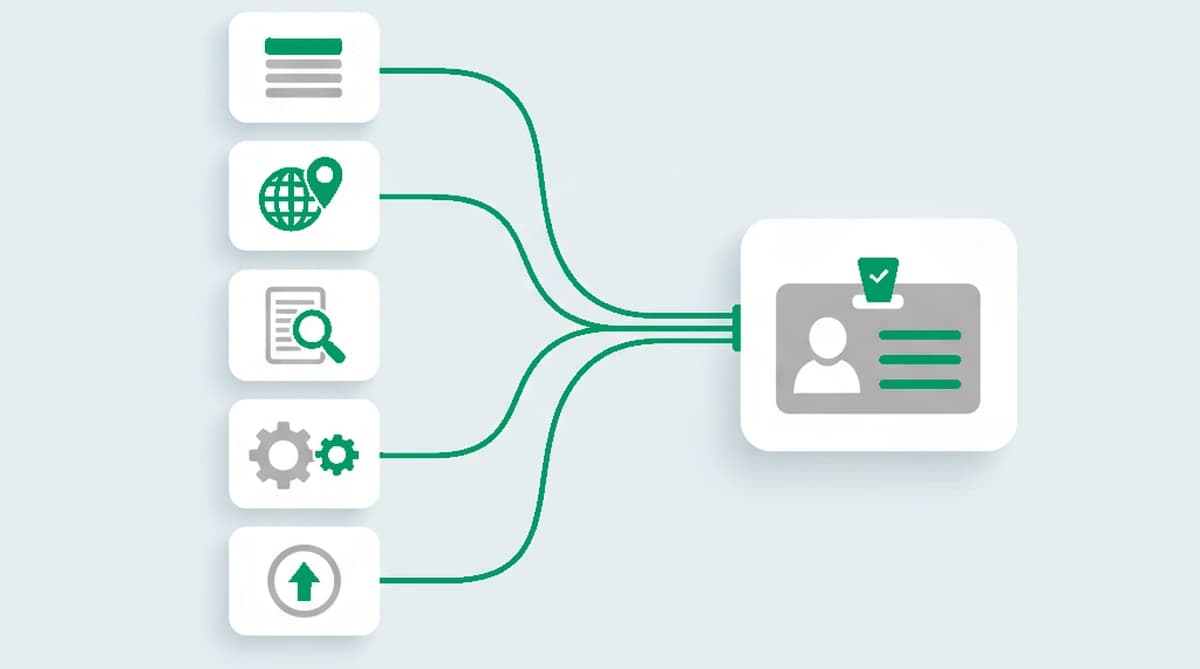 Five signal layers (device, browser, OS, network, cross-session linkage) combine into one visitor match