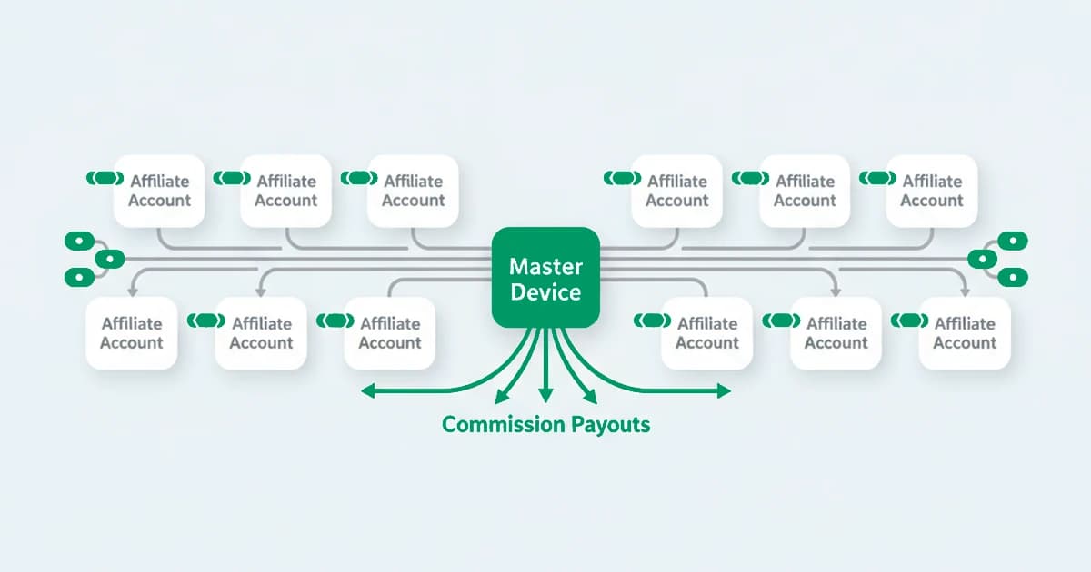 Affiliate fraud: several fake affiliate accounts and the conversions they claim to have driven all tracing back to one device behind the commission payouts