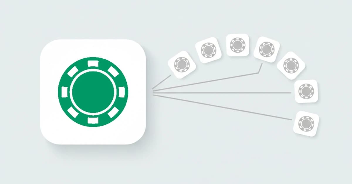 A glowing green casino chip fanning out into many identical green chips, showing one online-casino welcome bonus claimed through many fake player accounts
