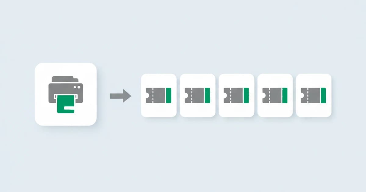 A green photocopier duplicating a single green coupon into a stack of many identical copies, showing one coupon redeemed over and over across many accounts