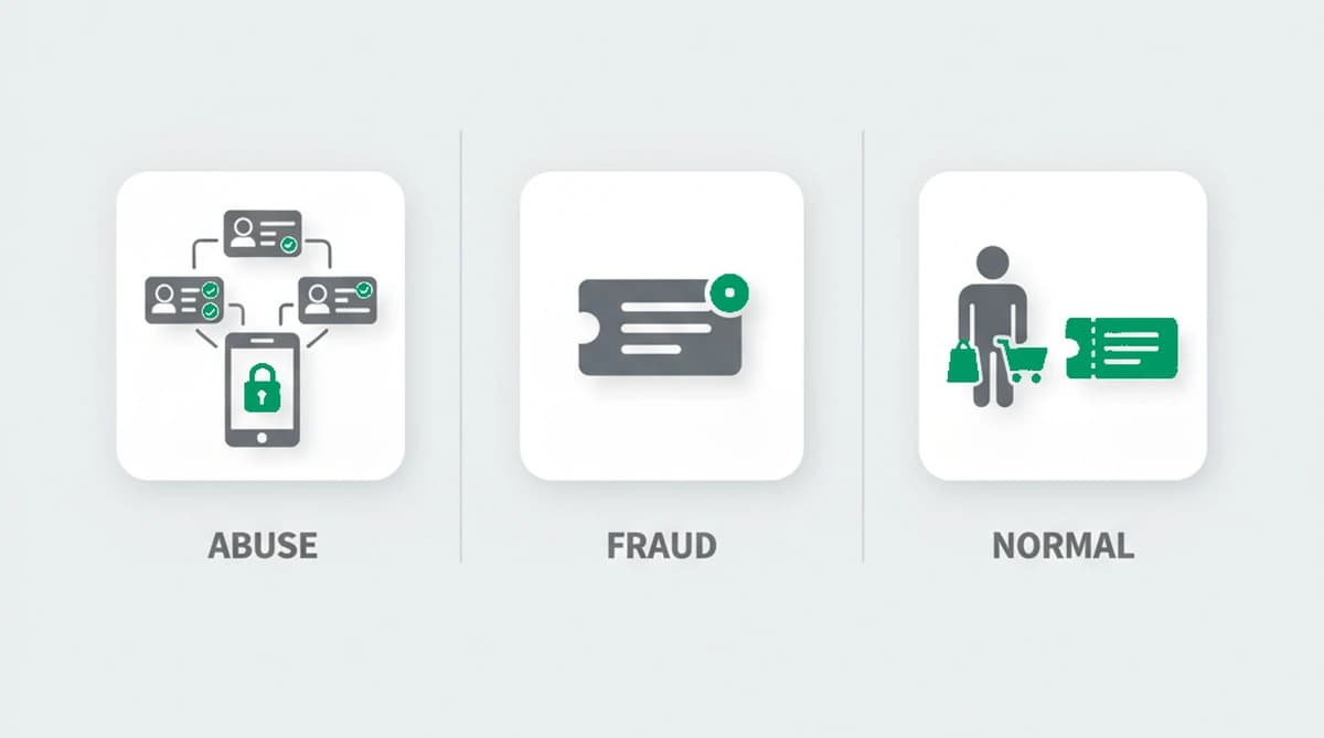 A diagram contrasting three cases: coupon abuse (many accounts on one device), coupon fraud (a forged code with a warning), and ordinary couponing (one shopper with one valid coupon)