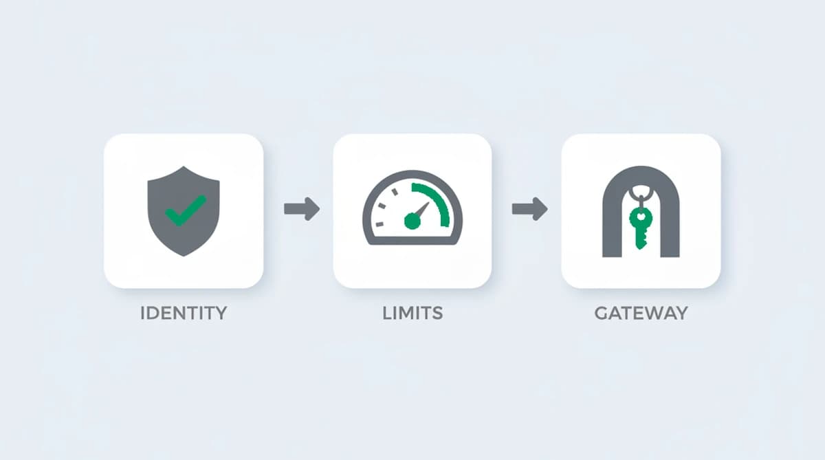Three layers that stop different problems: signup-identity scoring before the key is issued, rate limits and spend caps on the key, and the gateway enforcing both