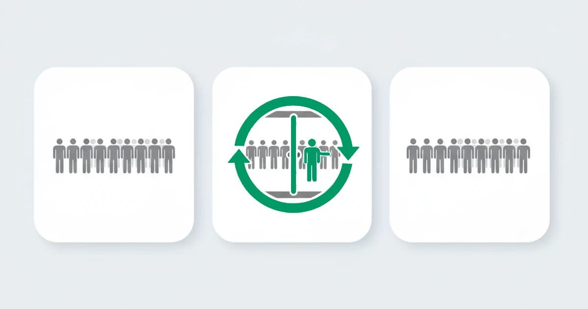 A green revolving door with the same figure passing through repeatedly into a line of identical figures, showing one person cycling a free trial as a new user again and again