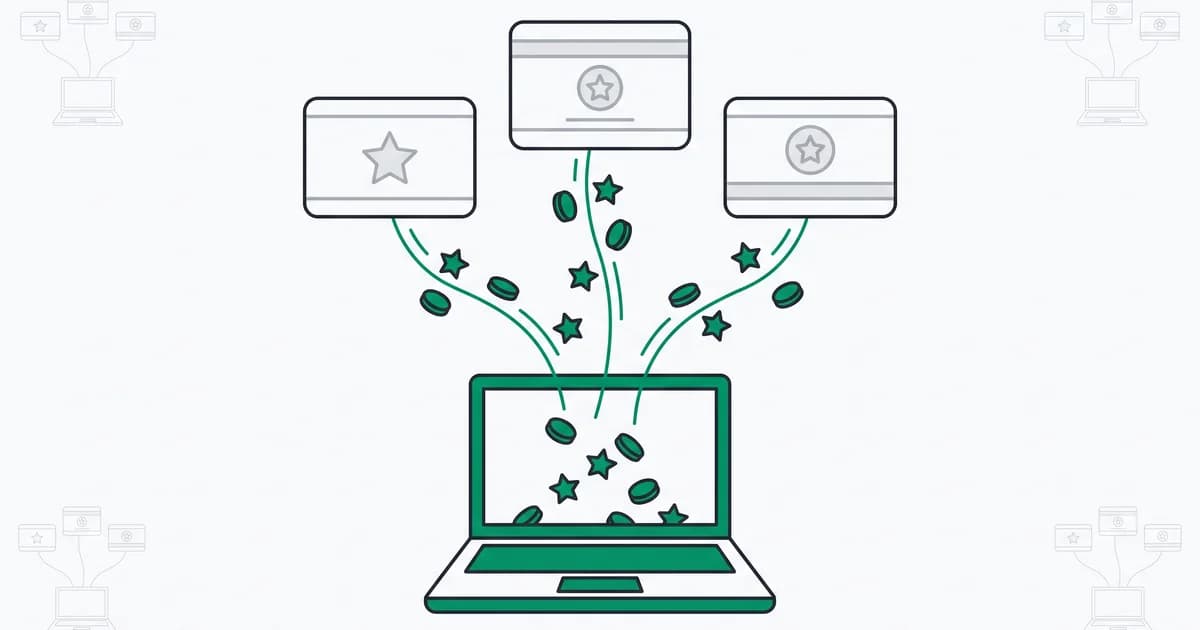 Loyalty fraud: reward points drained from a hijacked account and farmed across many fake accounts on one device, converted into cash-equivalent value