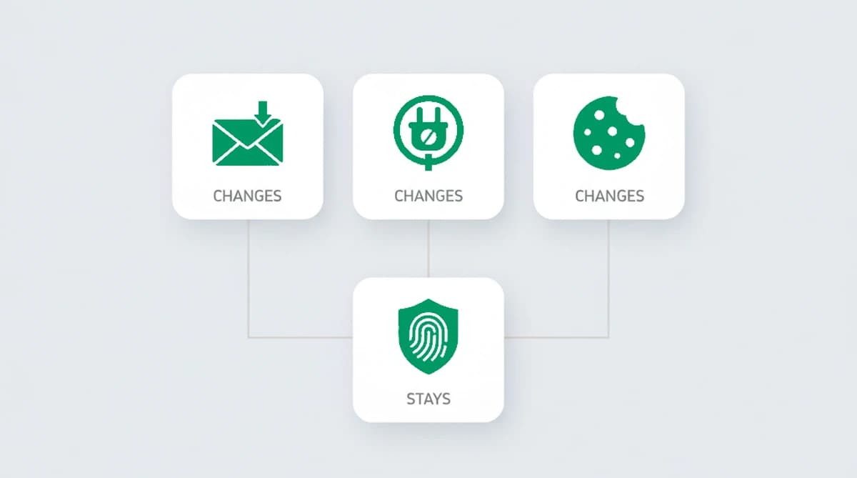A diagram: the email, IP, and cookie change with every account, but the one device fingerprint underneath stays the same and links the accounts back together
