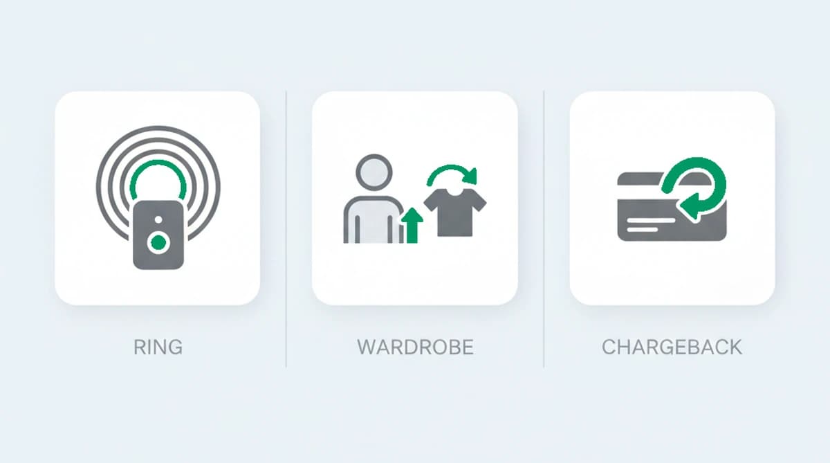A diagram contrasting three return problems: a refund ring (many accounts on one device), single-account return behavior like wardrobing (one shopper, a worn item), and a chargeback (a card payment dispute)