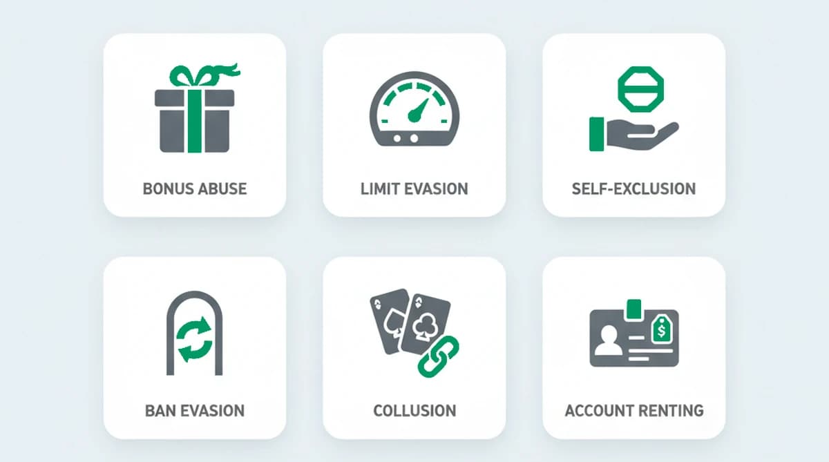Six reasons players open multiple betting accounts: bonus abuse, limit evasion, self-exclusion evasion, ban evasion, poker collusion, and account renting