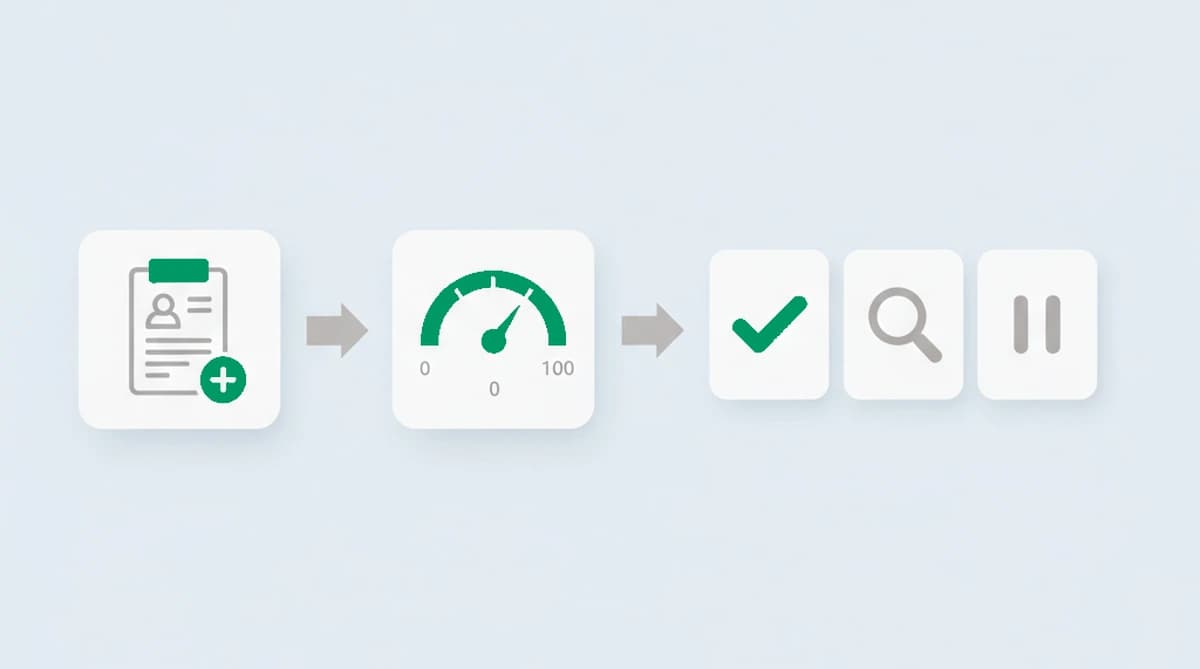 A flow diagram: a signup form feeds a 0-to-100 risk score gauge, which branches into allow, review, and hold, showing a registration scored before the account is created