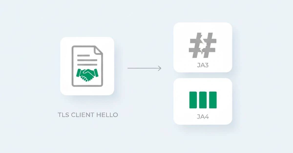 JA4 fingerprinting: a TLS Client Hello is read into a readable JA4 string that identifies the client software stack, where JA3 produced an opaque hash that broke on randomization