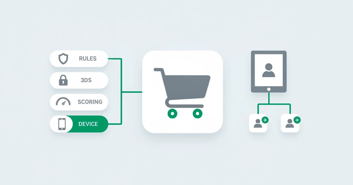 Payment gateway fraud detection shown as a stack of layers around a checkout, with the device and identity layer reading the actor behind the session