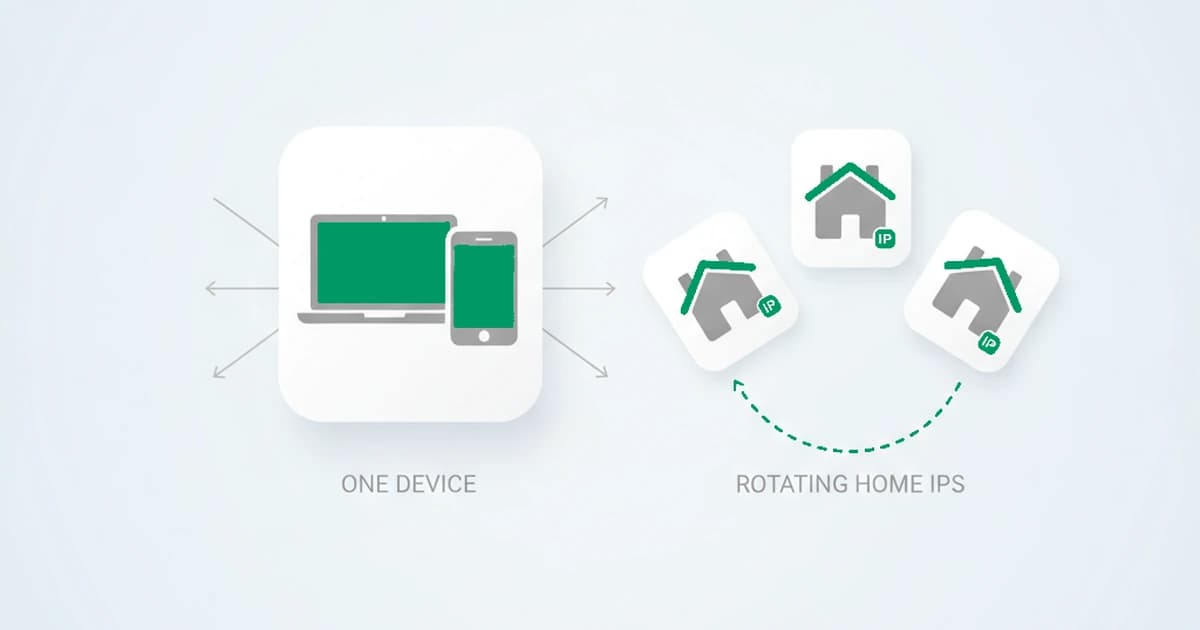 Residential proxy detection: one device routing through many rotating home IP addresses, caught not by the addresses but by the consistent device and network signals behind them