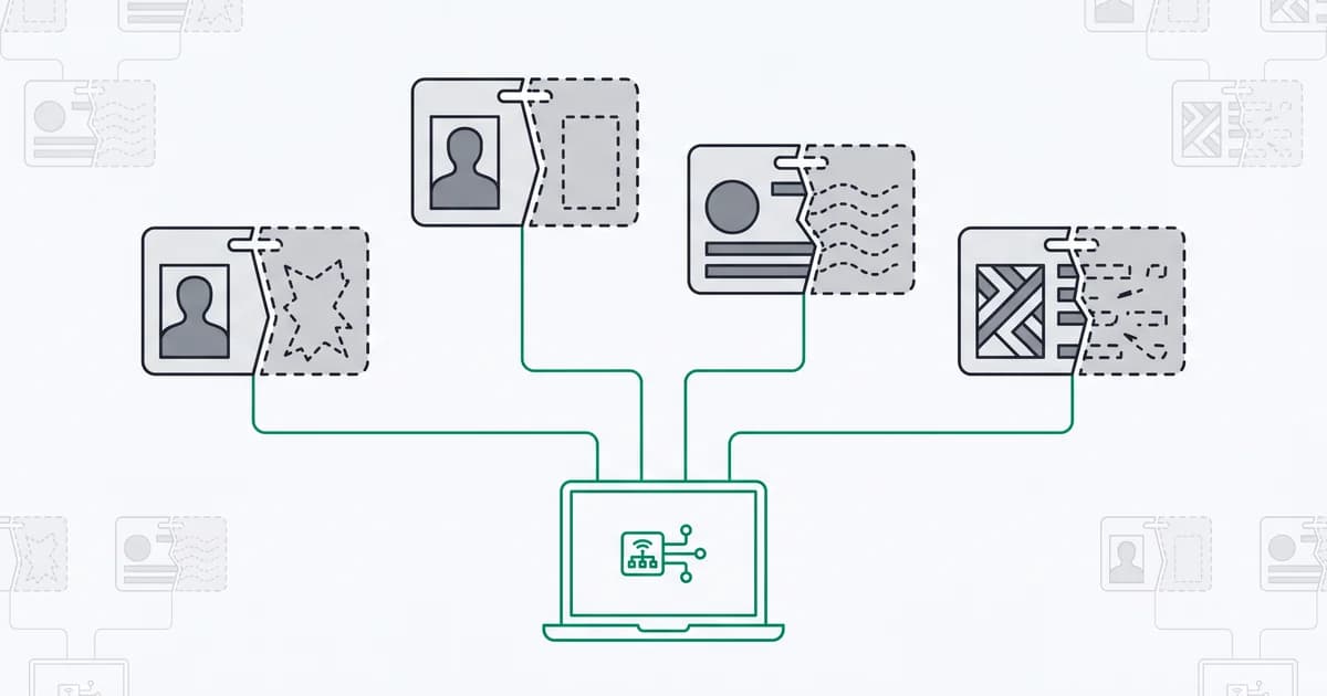 Synthetic identity fraud: a fabricated identity stitched from real and fake details, with many such identities tracing back to one shared device behind a fraud ring