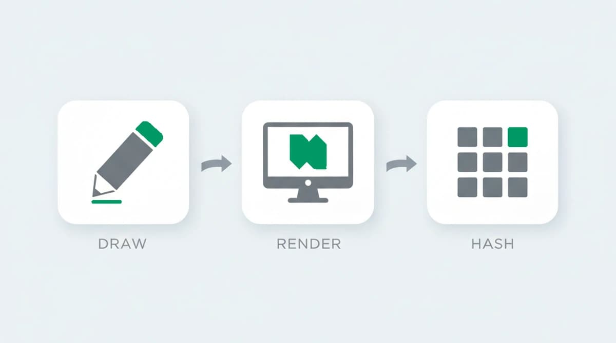 Canvas fingerprinting in three steps: a script draws a hidden image, the device renders it with its own GPU and drivers, and the pixels are hashed into a canvas fingerprint