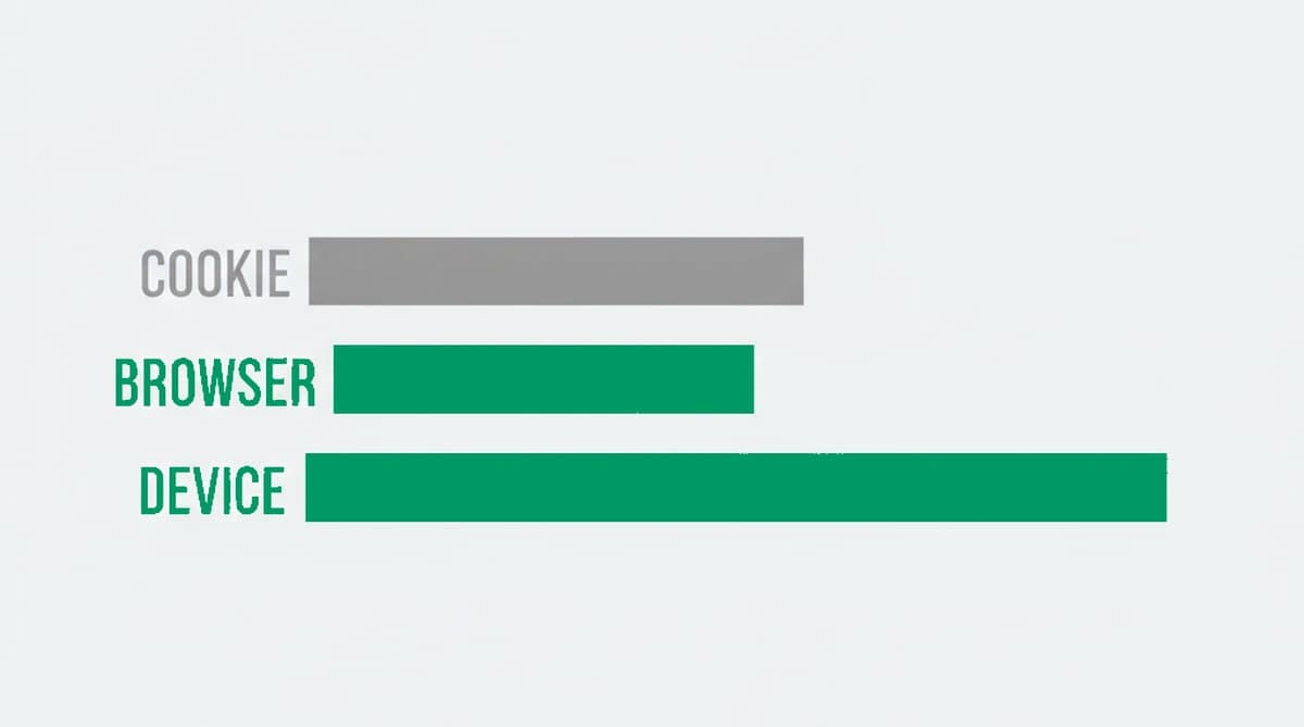 How long each method recognizes a returning device: a cookie is gone once cleared, a browser fingerprint is gone on a browser switch, and a device fingerprint survives both