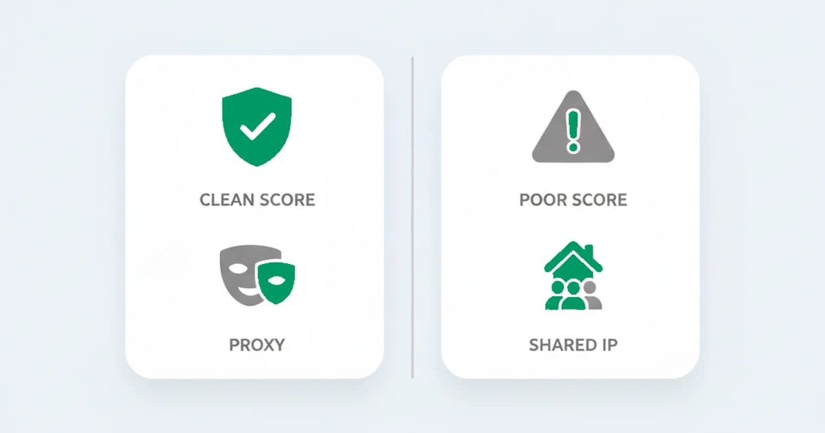IP reputation: a clean reputation score on an IP that is actually a residential proxy, and a poor score on a shared carrier IP, showing why the score alone is not the verdict