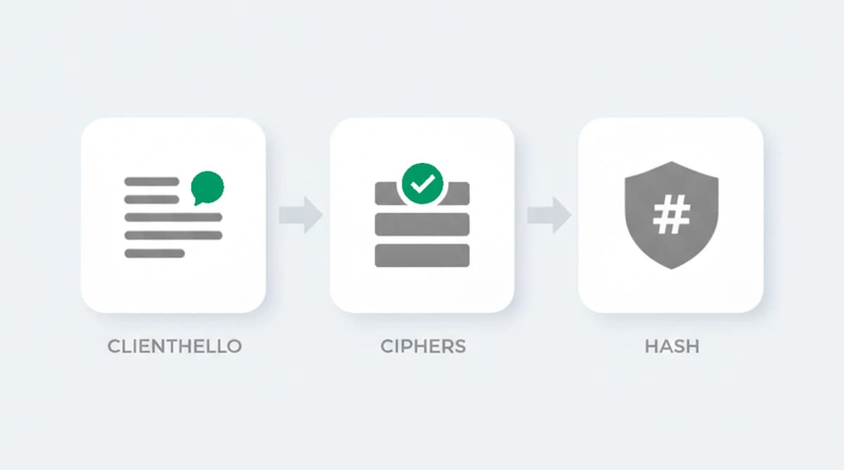 How TLS fingerprinting works: a ClientHello message lists cipher suites and extensions, which are read in order and condensed into a JA3 or JA4 hash