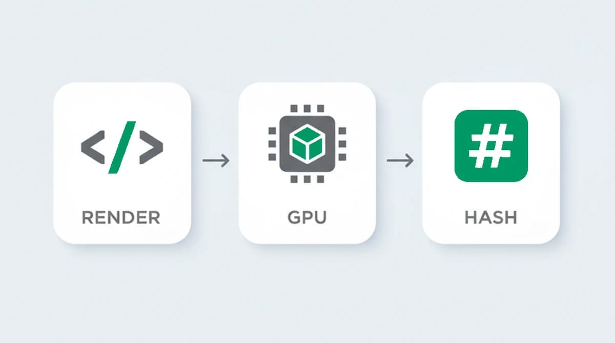 How WebGL fingerprinting works: a script renders a hidden 3D scene, the device's GPU and driver produce it, and the pixels and renderer strings are hashed into a WebGL fingerprint