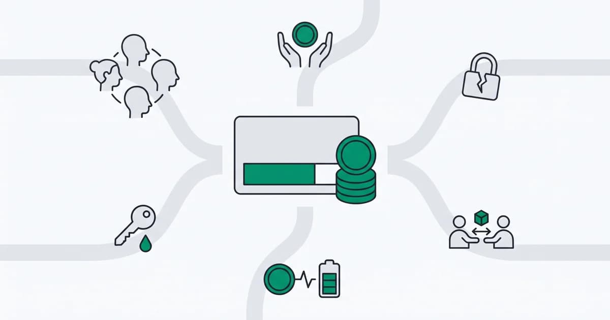 A credit meter connected to account, access and usage paths illustrates AI token abuse