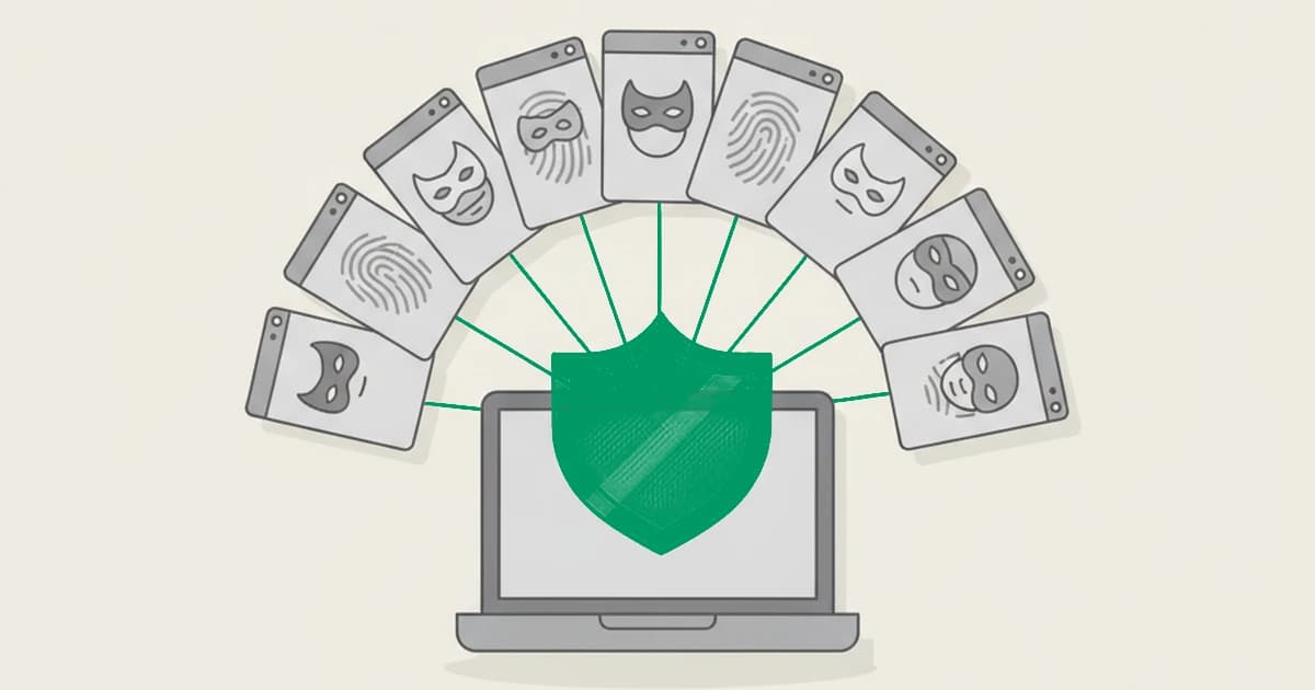 Anti-detect browser detection: one operator rewriting a browser fingerprint into many fake identities while a detection tool spots the spoofed and tampered attributes underneath