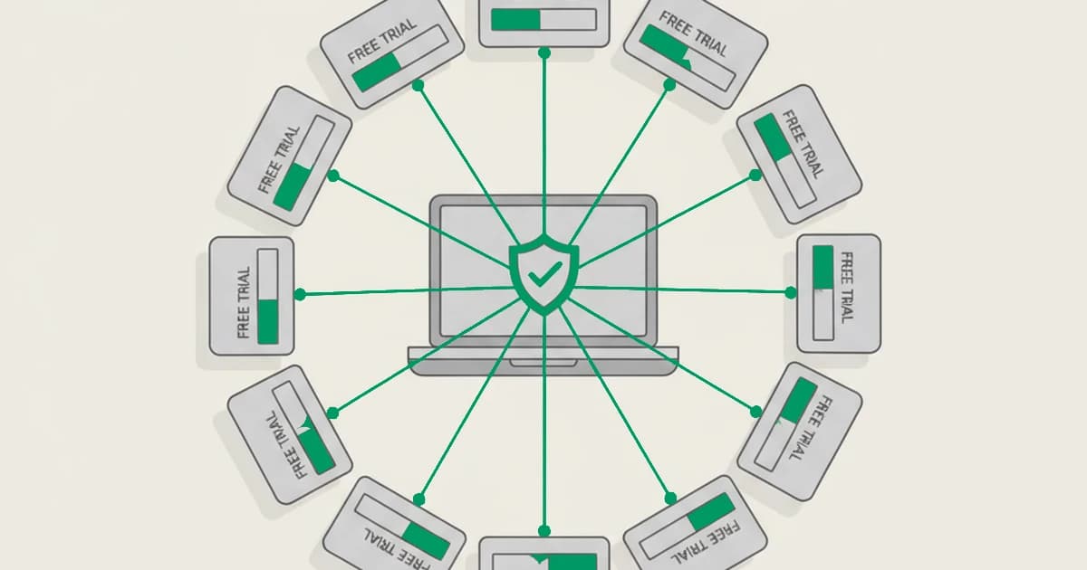 Free-trial abuse prevention: many new trial signups all tracing back to one shared device that a prevention tool links together before the trial or API key is issued