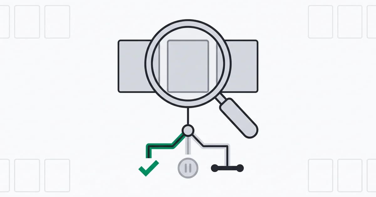 Evidence cards inspected by a magnifier before a branching decision selects the next action