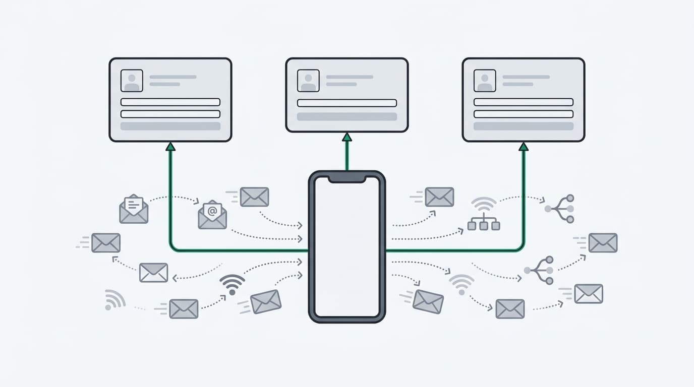 One device context linked to multiple account cards despite changes in email and network signals