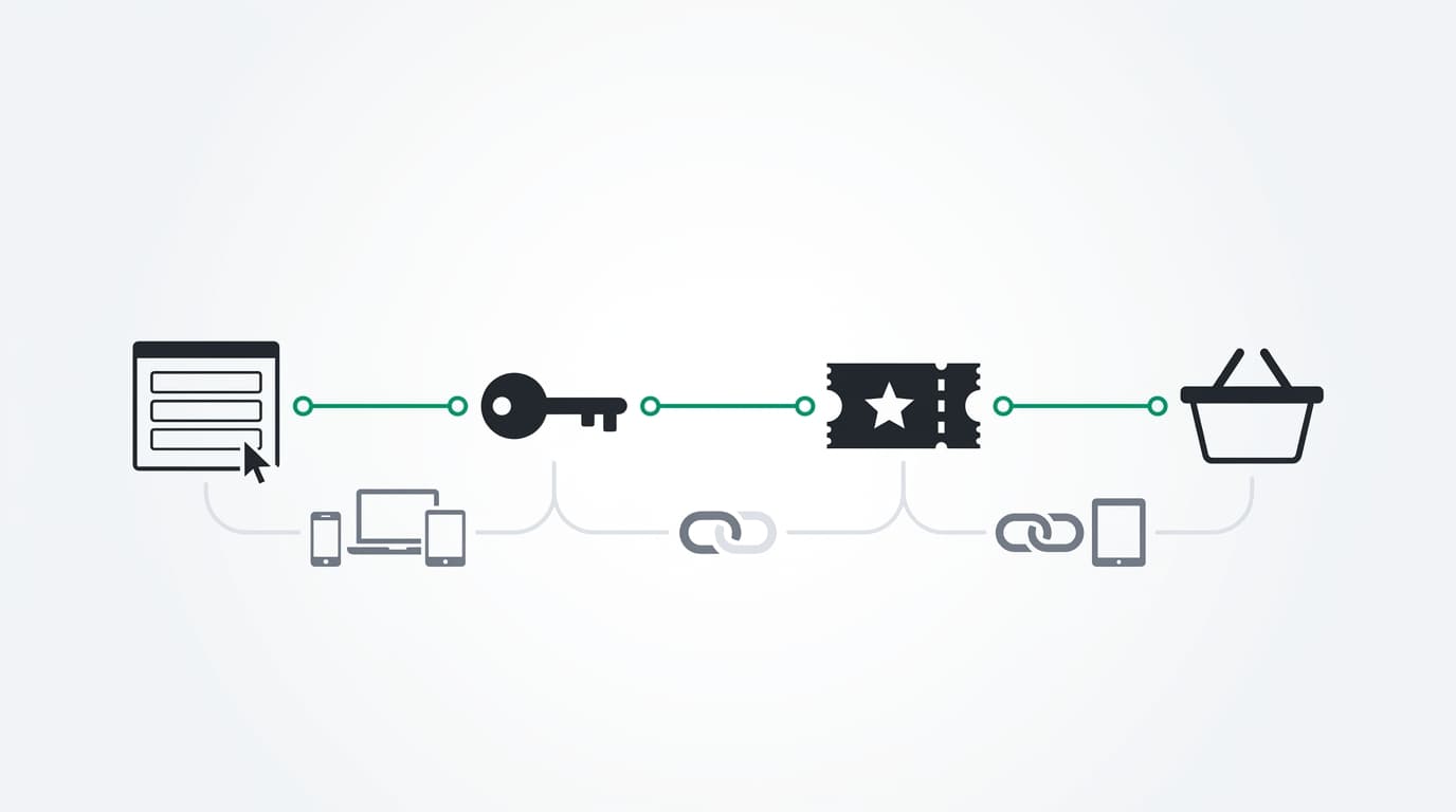 Signup, login, benefit, and checkout connected by a device and account evidence path