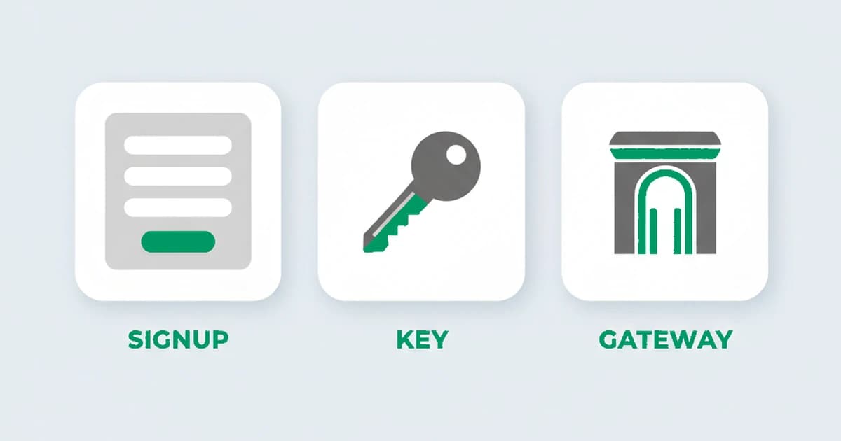Free-trial abuse vs API-key abuse vs rate limiting: three separate layers for an AI API, identity at signup, key usage after, and the gateway ceilings, each stopping a different problem