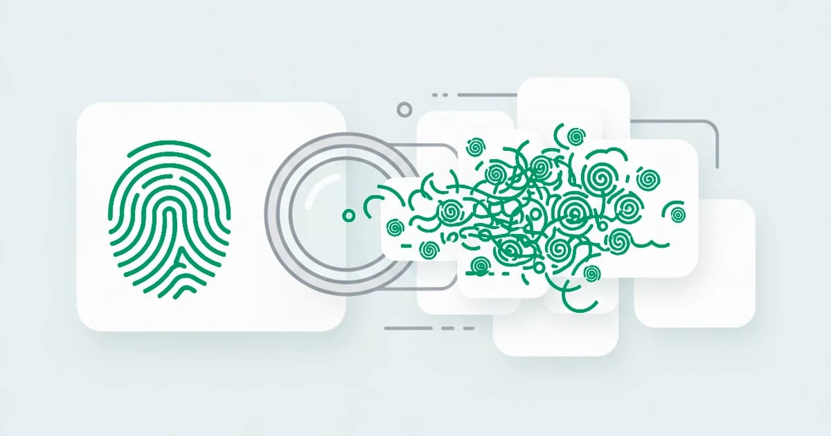 A clean green fingerprint passing through a lens and shattering into many scrambled fingerprint fragments, showing an anti-fingerprint browser disguising one fingerprint as many