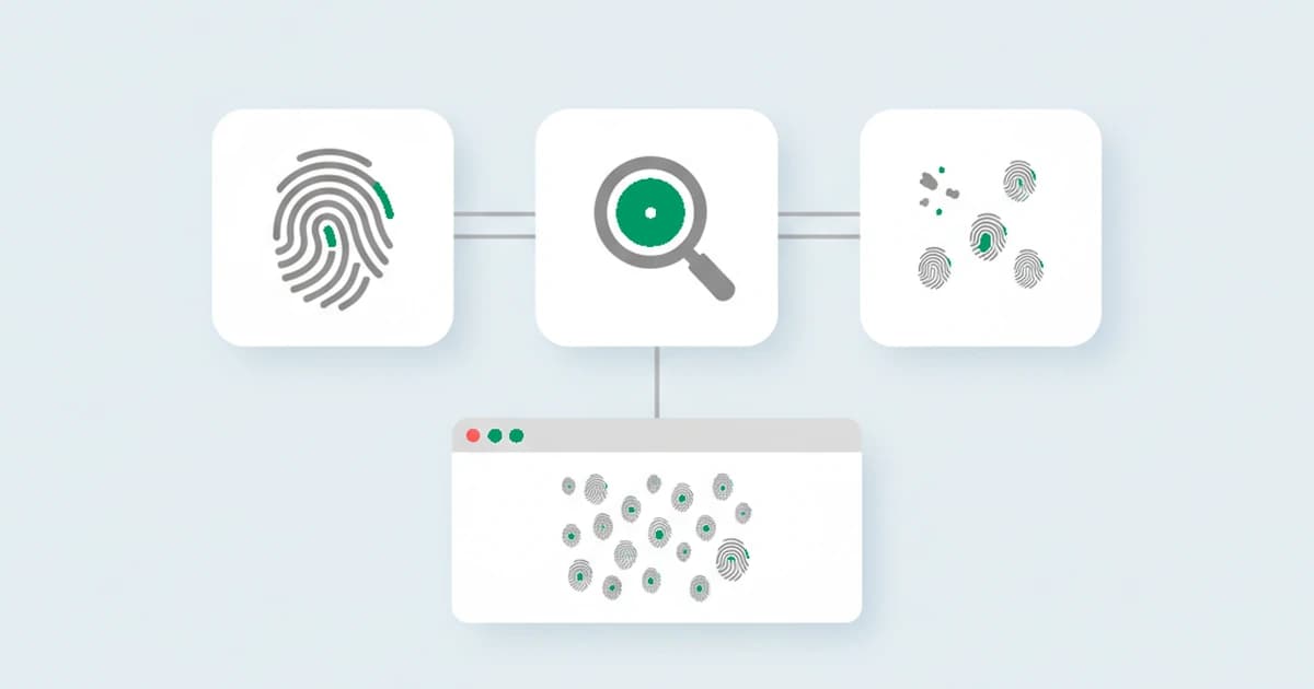 A clean green fingerprint passing through a lens and shattering into many scrambled fingerprint fragments, showing an anti-fingerprint browser disguising one fingerprint as many