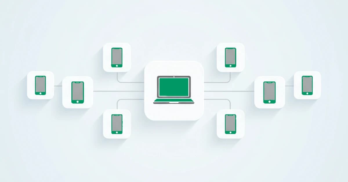 Click farm: rows of real phones and separate-looking accounts producing fake installs and signups, all resolving to one operation through shared device signals
