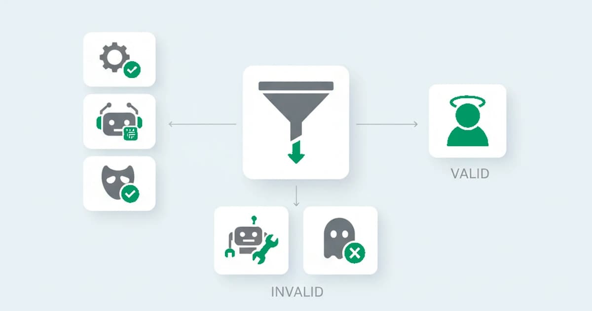 Invalid traffic: a stream of ad sessions flowing into a campaign, where grey bot and masked sessions are filtered out as invalid and green genuine-human sessions pass as valid