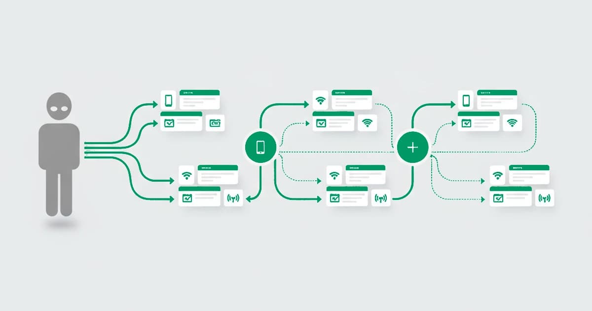 One masked visitor splits into many disconnected sessions; correlated device, browser, and network signals link them back to one identity