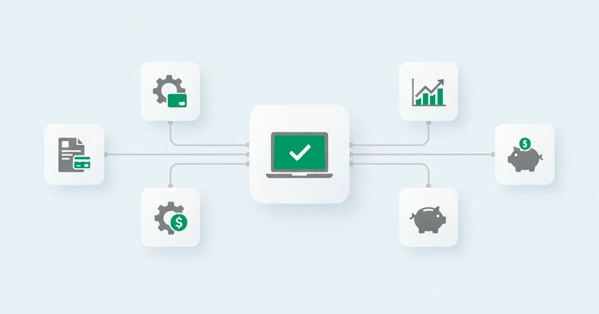 A green fintech banking app linked by dashed lines to an arc of look-alike account cards that all trace back to one shared device behind a fraud ring