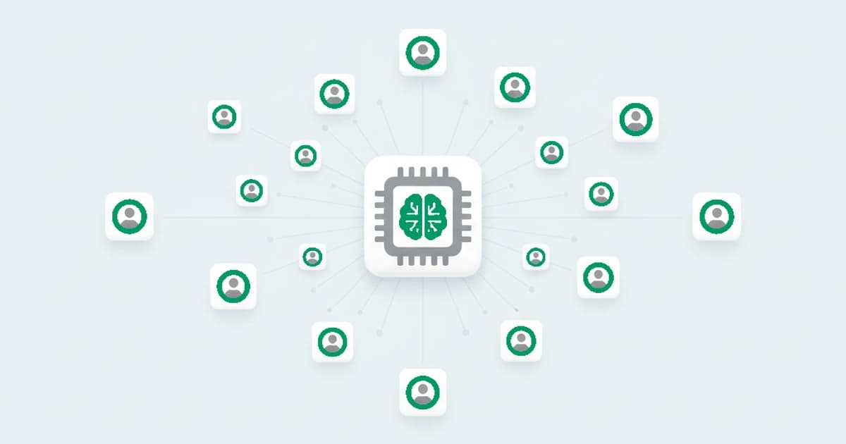 A green AI microchip with traces radiating to many identical account icons, showing many fake accounts draining free AI compute from one source