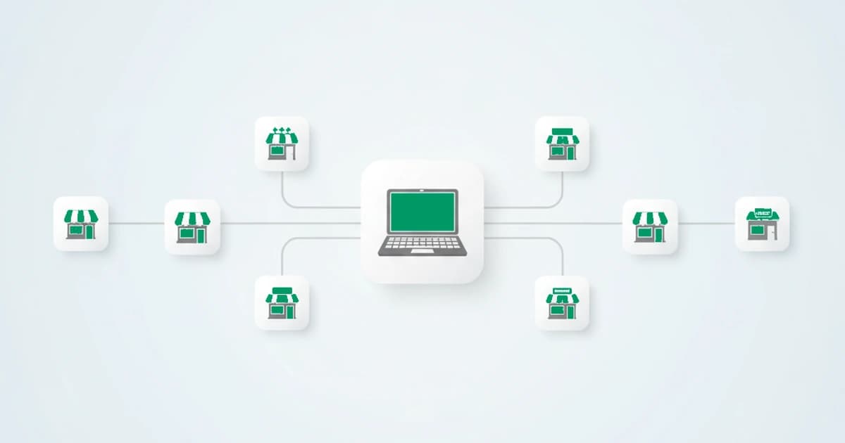 A green two-sided marketplace with a buyer side and a seller side, linked by dashed lines to an arc of identical account badges that trace back to one device, showing one actor behind many accounts