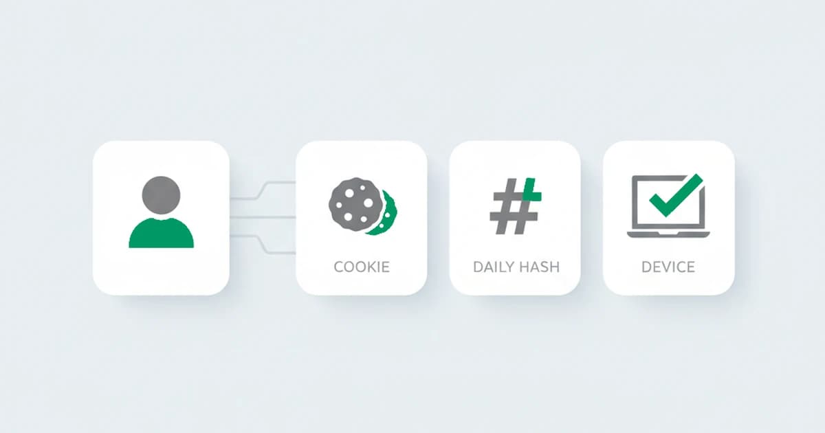 How website visitors are counted: the same returning visitor identified three different ways, by a cookie, by a daily hash, and by a durable device, producing three different counts