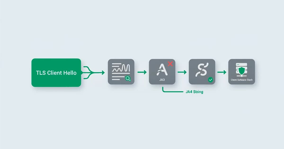 JA4 fingerprinting: a TLS Client Hello is read into a readable JA4 string that identifies the client software stack, where JA3 produced an opaque hash that broke on randomization