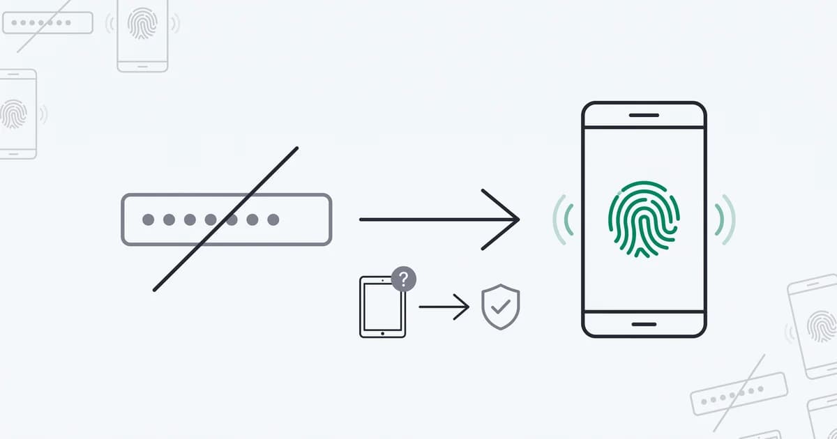 Passwordless authentication: a login verified by a device and a fingerprint instead of a typed password, with an unfamiliar device still routed to a check